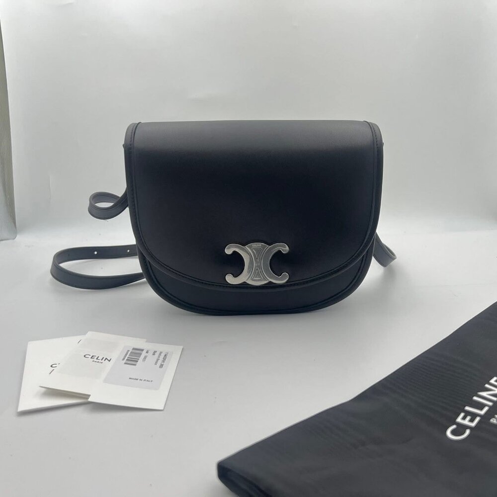 Celine 114453 Medium Besace Triomphe Bag in Soft Calfskin - Black